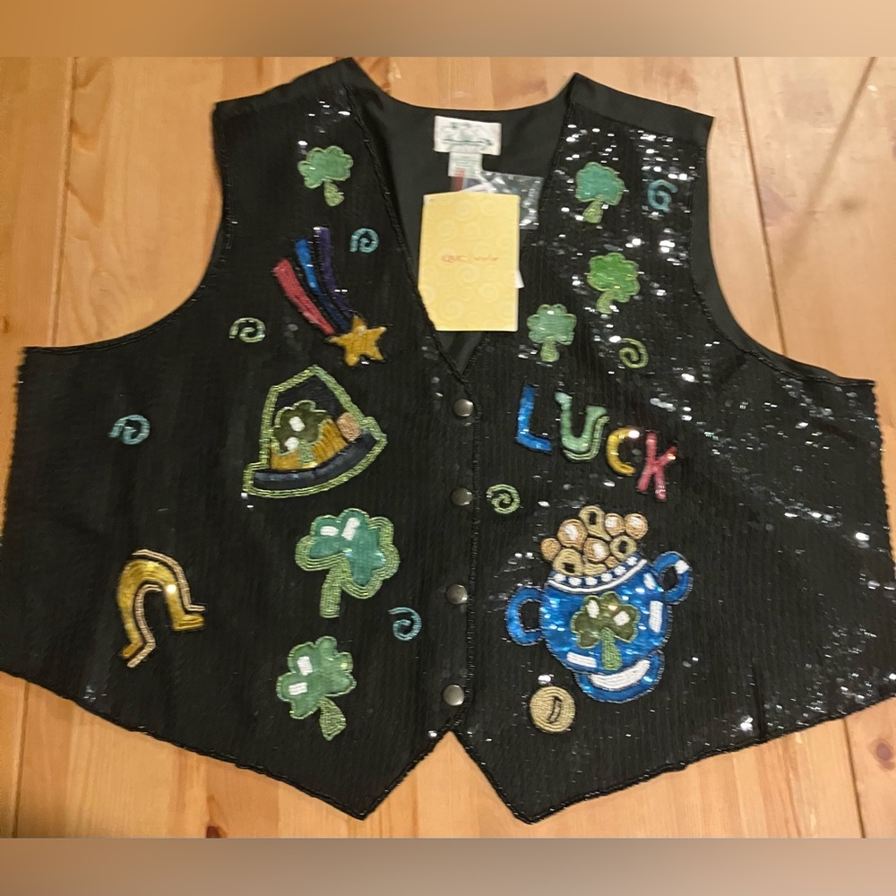 NWT Quacker Factory Women’s Black Sequin Vest Irish theme Size 2X Vintage 1990’s - Picture 1 of 14
